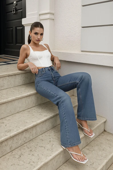 Kadın Yüksek Bel Wide Leg Mavi Jean Pantolon ürün görseli 1