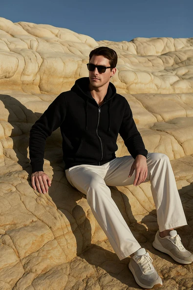 Erkek Fermuarlı Kapüşonlu Cepli Siyah Sweatshirt ürün görseli 1
