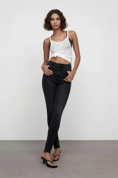 Kadın Yüksek Bel Skinny Fit Likralı Antrasit Jean Pantolon ürün görseli 1