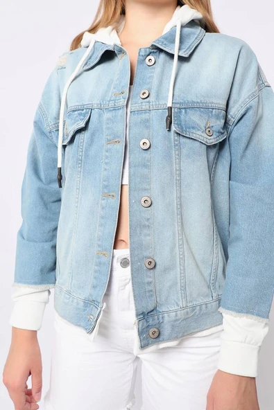Kadın Garnili Oversize Jean Ceket Açık Mavi - Resim 8