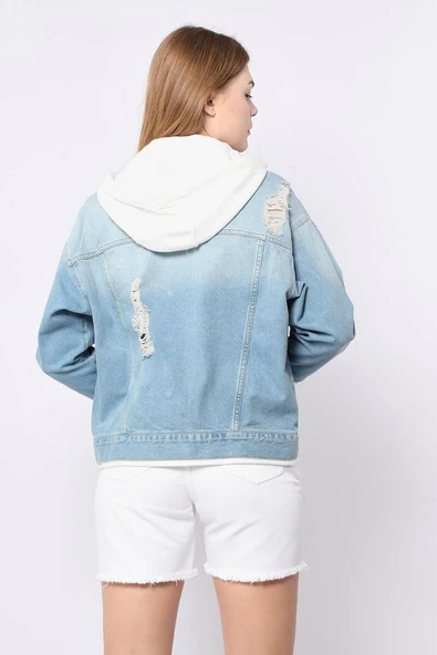 Kadın Garnili Oversize Jean Ceket Açık Mavi - Resim 4
