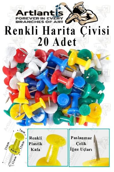Harita Çivisi Renkli 20 li 1 Paket Renkli Plastik Mantar Pano Raptiyesi Pano İğnesi Ofis Okul Büro Renkli Harita Çivisi ürün görseli 1