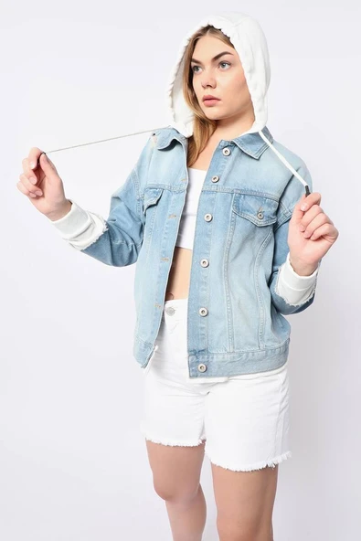 Kadın Garnili Oversize Jean Ceket Açık Mavi - Resim 7