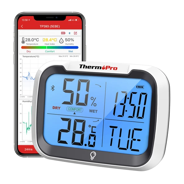 ThermoPro TP393B 7" Wi-Fi İç ve Dış Mekan Sıcaklık, Nem, Basınç Ölçer Geniş Ekranlı Termometre ürün görseli 1