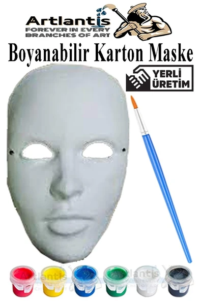Maske Boyama 1 Paket Boyanabilir Karton Maske Lastikli İnsan Yüzü Suratı Yerli Üretim Fırça Akrilik Boya 6 Renk ürün görseli 1