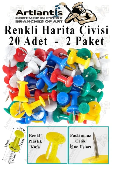 Harita Çivisi Renkli 20 li 2 Adet Renkli Plastik Mantar Pano Raptiyesi Pano İğnesi Ofis Okul Büro Renkli Harita Çivisi ürün görseli 1