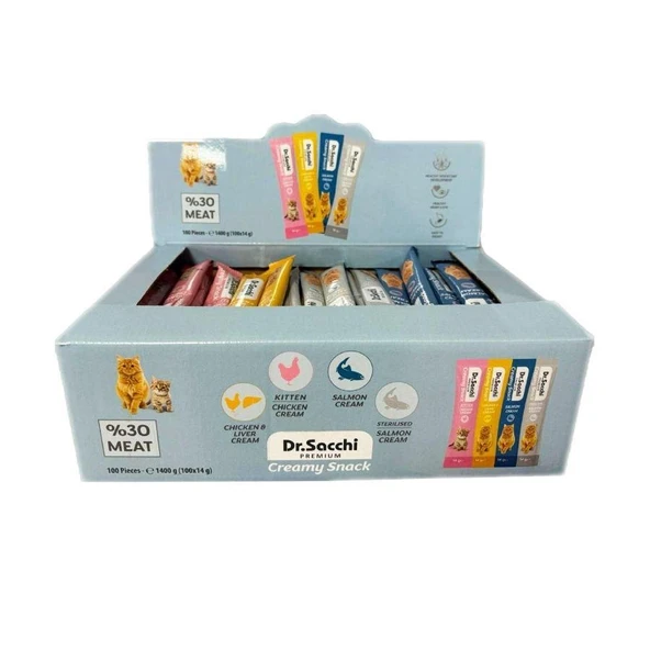 Dr. Sacchi Creamy Snack Karışık Lezzetler Sıvı Krema Kedi Ödülü 14 gr 100'lü Kutu ürün görseli 1