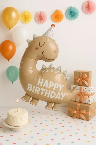 Beysüs Retro Sevimli Dinazor Happy Birthday Yazılı Folyo Balon ürün görseli 1