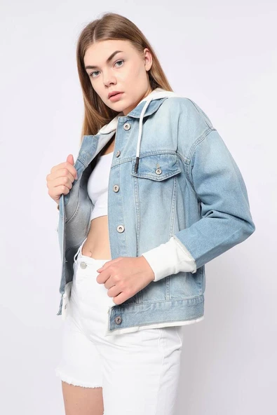 Kadın Garnili Oversize Jean Ceket Açık Mavi - Resim 2