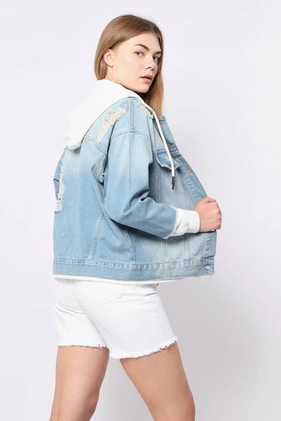 Kadın Garnili Oversize Jean Ceket Açık Mavi - Resim 5