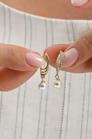 Gümüş altın yaldızlı zirkon taşlı sallantılı inci küpe SGTL13021GOLD ürün görseli 1