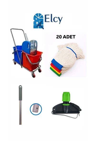ELCY Çift Kovalı Krom Temizlik Arabası Paspas Arabası Sap Mop Aparat (Çelik Pressli) ürün görseli 1
