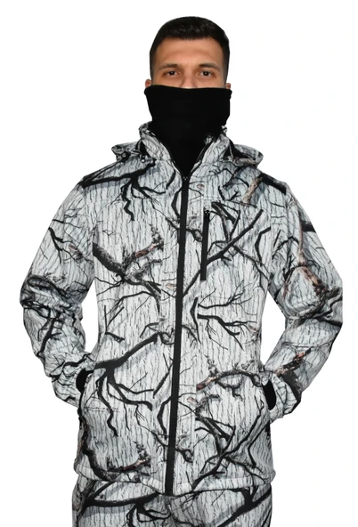 BEYAZ SOFT SHELL MONT AVCI SAZ KAR DESEN ÇİFT KAT POLARLI ürün görseli 1