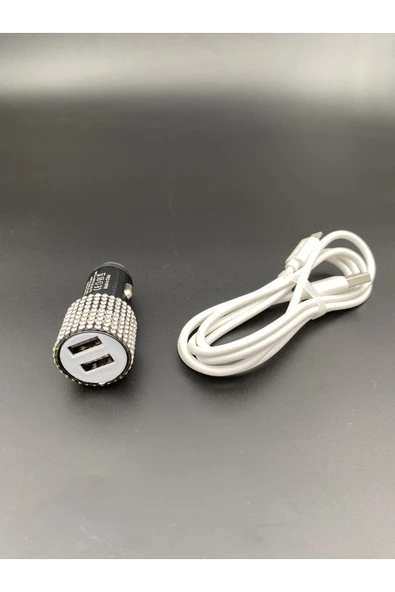Gümüş Taşlı Siyah Araç Şarjı ( Iphone Kablo Hediyeli ) ürün görseli 1