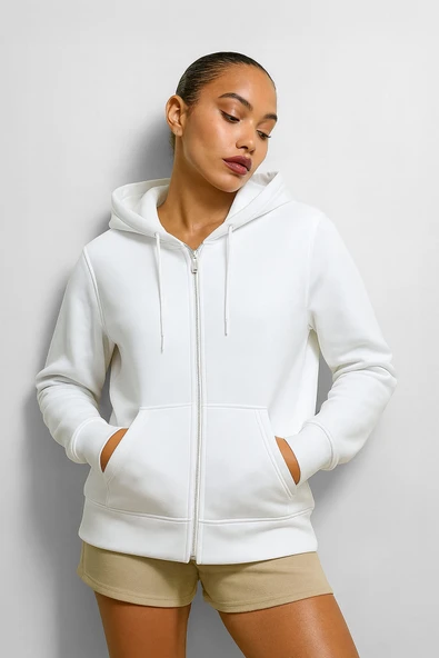 Kadın Fermuarlı Kapüşonlu Cepli İçi Polarlı Sweatshirt ürün görseli 1
