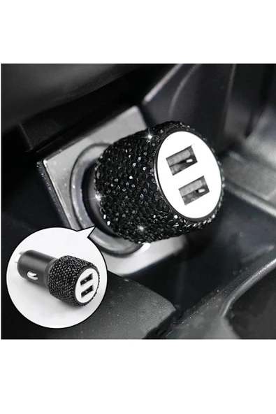 Siyah Taşlı Çakmaklık Şarj Cihazı Çift Usb Çıkışlı ( Şarj Kablo Hediyeli ) ürün görseli 1