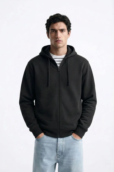 Erkek Fermuarlı Kapüşonlu İçi Polarlı Antrasit Sweatshirt ürün görseli 1