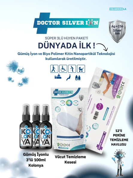 Gümüş İyonlu 3'lü 100 ml Kolonya  Vücut Temizleme Kesesi ve 12'li Perine Islak Mendili Temizlik Seti ürün görseli 1