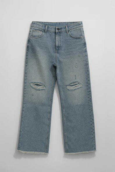 Kadın Yüksek Bel Wide Leg Dizi Yırtık Buz Mavi Jean Pantolon ürün görseli 1