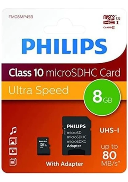 Philips Fm08mp45b/00 8gb Class10 Uhs-ı U1 Tf Adaptörlü Micro Sdhc Hafıza Kartı ürün görseli 1