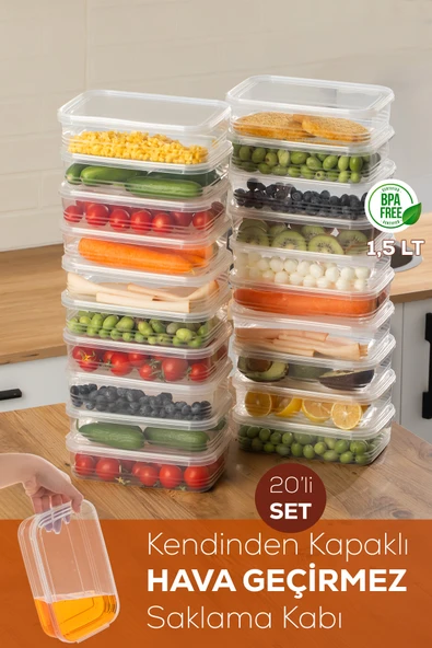 Porsima 4363-20 Kendinden Kapaklı Derin Dondurucuya Uygun 20 Adet Saklama Kabı Hava Almaz Düzenleyici 1,5lt ürün görseli 1