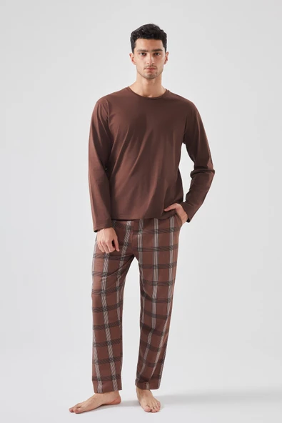 Erkek Pamuklu Uzun Kollu Ekose Desenli Pijama Takımı ürün görseli 1