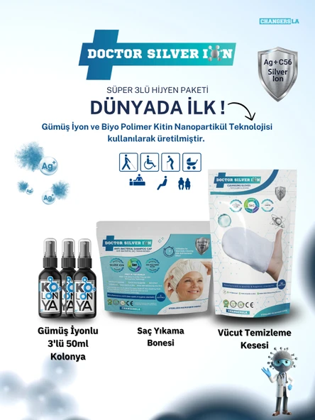 Gümüş İyonlu 3'lü 50 ml Kolonya  Vücut Temizleme Kesesi ve Saç Yıkama Bonesi Temizlik Seti ürün görseli 1