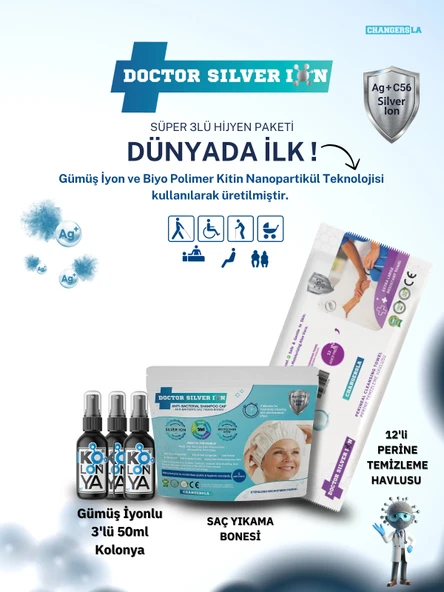 Gümüş İyonlu 3'lü 50 ml Kolonya Saç Yıkama Bonesi ve 12'li Perine Islak Mendili Temizlik Seti ürün görseli 1