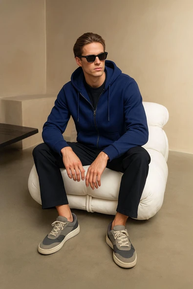 Erkek Fermuarlı Kapüşonlu Cepli İndigo Sweatshirt ürün görseli 1