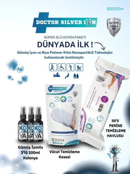 Gümüş İyonlu 3'lü 100ml Kolonya, Vücut Temizleme Kesesi ve 50'li Perine Islak Mendili Temizlik Seti ürün görseli 1