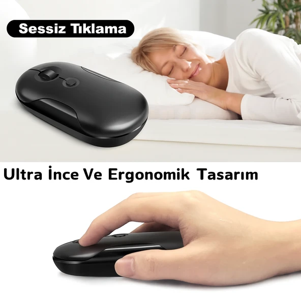NRT180 Şarj Edilebilir Sessiz Bluetooth Kablosuz Mouse  2.4 GHz, Uzun Pil Ömrü, İnce Tasarım ürün görseli 1