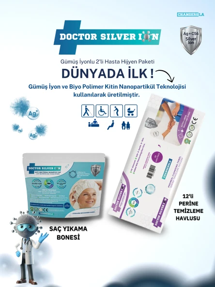 Gümüş İyonlu 2'li Hasta Hijyen 12'li Perine Islak Mendili ve Saç Yıkama Bonesi Temizlik Seti ürün görseli 1