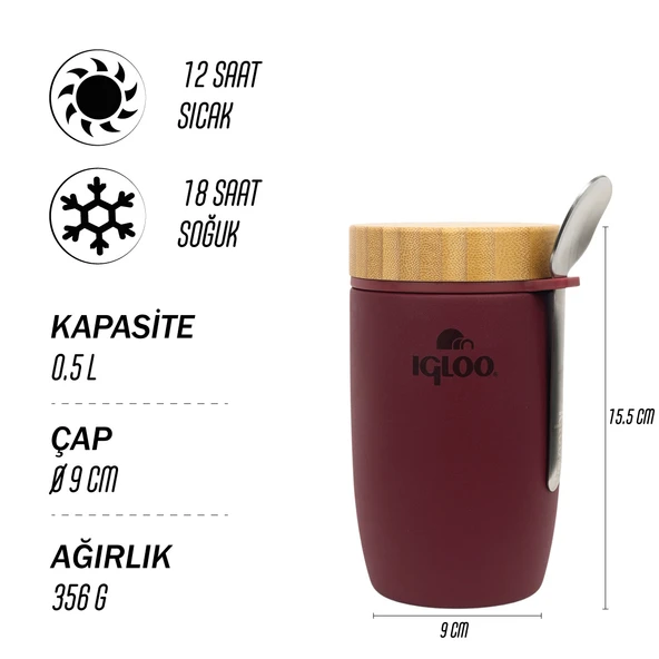 Igloo Bamboo Yemek Termosu 500ml-BORDO - Resim 9