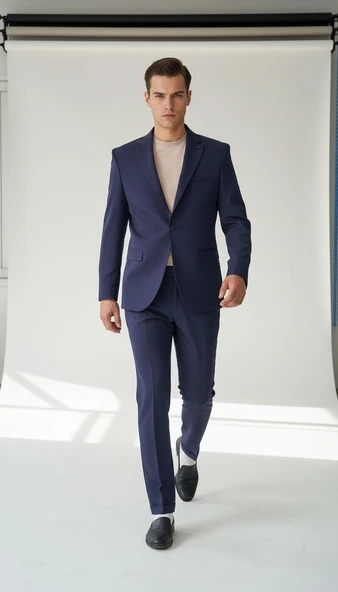 Erkek Lacivert Tek Düğme Slim Fit Takım Elbise - Şık Ofis ve Davet Kombini ürün görseli 1