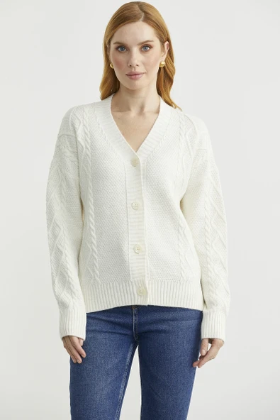 Oversize Düğmeli Triko Hırka - Kemik ürün görseli 1