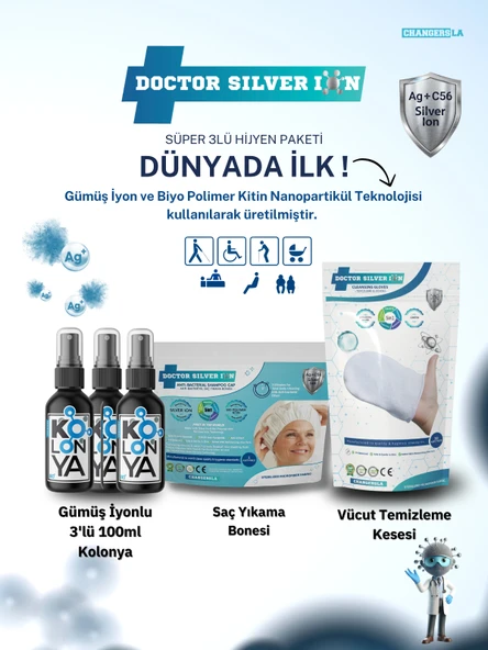 Gümüş İyonlu 3'lü 100ml Kolonya, Vücut Temizleme Kesesi ve Saç Yıkama Bonesi Temizlik Seti ürün görseli 1