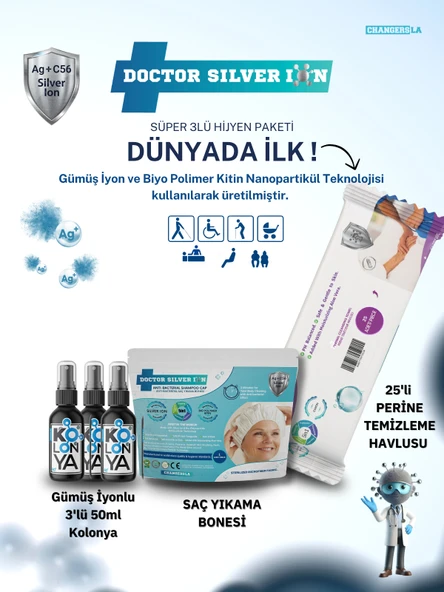 Gümüş İyonlu 3'lü 50ml Kolonya, Saç Yıkama Bonesi ve 25'li Perine Islak Mendili Temizlik Seti ürün görseli 1