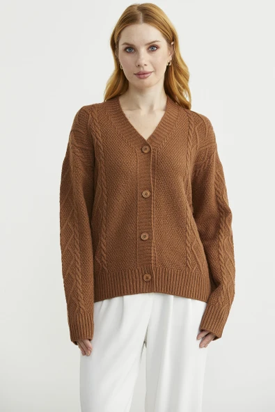 Oversize Düğmeli Triko Hırka - Taba ürün görseli 1
