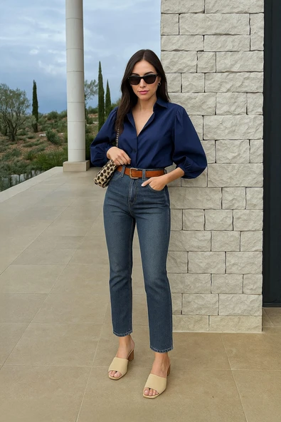 Kadın Yüksek Bel Slim Fit Likralı Mavi Jean Pantolon ürün görseli 1