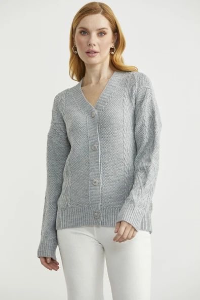 Oversize Düğmeli Triko Hırka - Açık Gri ürün görseli 1