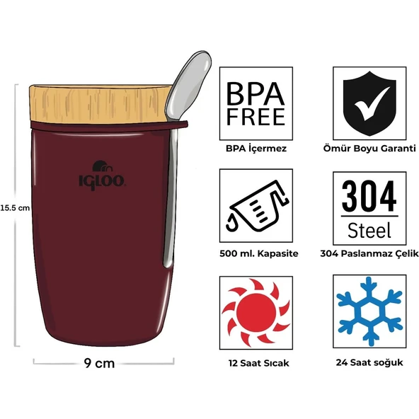 Igloo Bamboo Yemek Termosu 500ml-BORDO - Resim 8