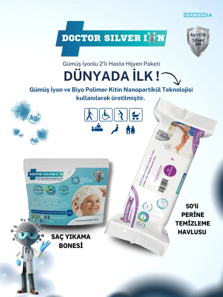 Gümüş İyonlu 2'li Hasta Hijyen 50'li Perine Islak Mendili ve Saç Yıkama Bonesi Temizlik Seti ürün görseli 1