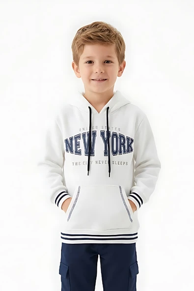 Erkek Çocuk 3 İplik Kapüşonlu Kanguru Cepli Baskılı Sweatshirt 12329 ürün görseli 1