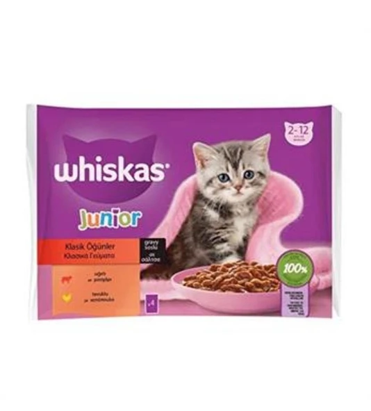 Whiskas Junior Yavru Kedi Klasik Öğünler Sığırlı Tavuklu 4X85 Gr ürün görseli 1