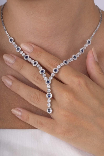 Gümüş Pazarım Safir Taşlı Su Yolu Pırlanta Montür Rodyum Kaplama Gümüş Kolye ürün görseli 1