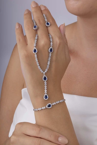 Gümüş Pazarım Safir Taşlı Damla Motifli Rodyum Kaplama Gümüş Düğün Seti ürün görseli 1