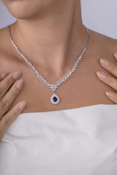 Gümüş Pazarım Hürrem Sultan Modeli Safir Taşllı Damla Motifli 925 Ayar Gümüş Kolye ürün görseli 1