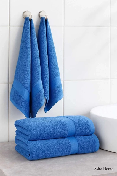 4 Parça Ekonomik Banyo Havlu Takımı %100 Pamuklu Quickdry Mavi Mavi ürün görseli 1
