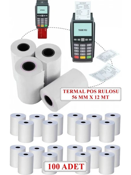 56x12m Termal Rulo Yazar Kasa Pos Kağıdı 12 Metre / 100 Adet (10 Paket) ürün görseli 1