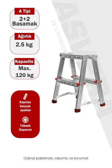 Asvera 2+2 Çift Çıkışlı A Tipi Katlanabilir Profil Merdiven - Çift Taraflı Galvanizli Merdiven ürün görseli 1